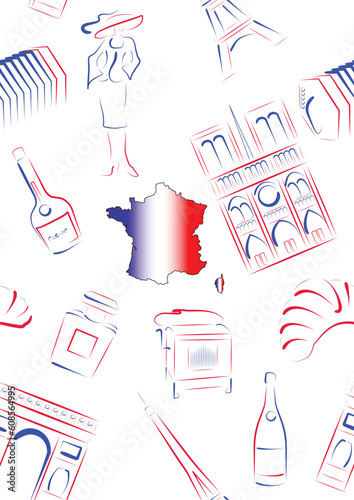 Set of vector drawn stylized sights and symbols of France