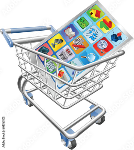 An illustration of a smart mobile phone or tablet PC in shopping cart trolley