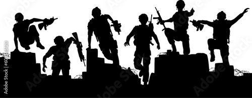 Editable vector silhouettes of armed soldiers charging forward with each man as a separate object