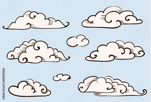 Clouds set, vintage vector stylized drawing