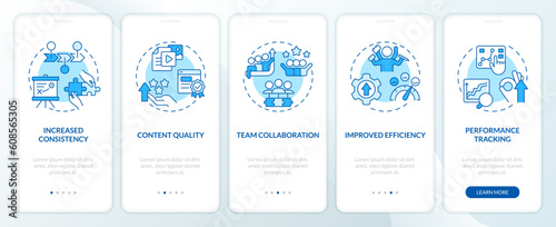 Editorial calendar advantages blue onboarding mobile app screen. Walkthrough 5 steps editable graphic instructions with linear concepts. UI, UX, GUI template. Myriad Pro-Bold, Regular fonts used