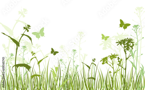 vector green floral background with butterflies