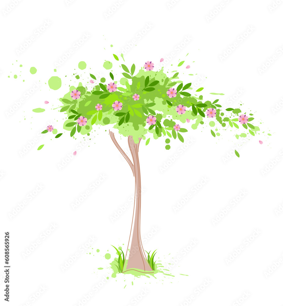 vector green spring tree with pink flowers vector green spring tree with pink flowers