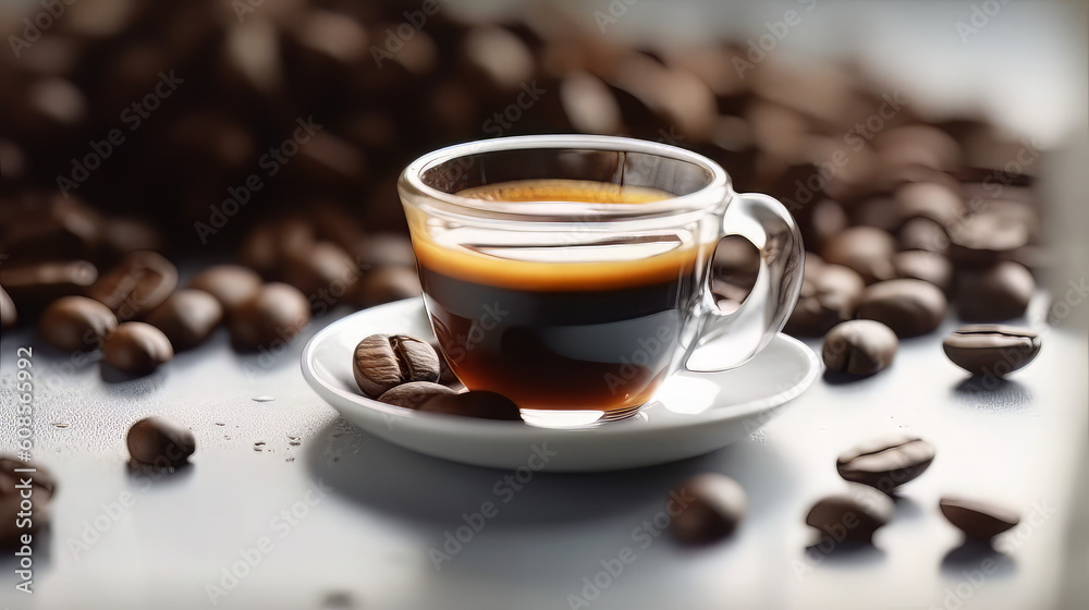 hot espresso and coffee bean on white table with soft-focus and over light in the background. top view hot espresso and coffee bean on white table with soft-focus and over light in the background. top view