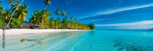 A stunning panorama of a pristine tropical paradise beach: pure white sands meeting crystal clear, shimmering turquoise water, dotted with vibrant, lush palm trees providing pockets of shade © Udo