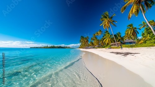A stunning panorama of a pristine tropical paradise beach: pure white sands meeting crystal clear, shimmering turquoise water, dotted with vibrant, lush palm trees providing pockets of shade