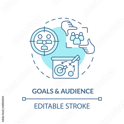Goals and audience turquoise concept icon. Driving sales. Business target. Social media strategy. Marketing plan abstract idea thin line illustration. Isolated outline drawing. Editable stroke