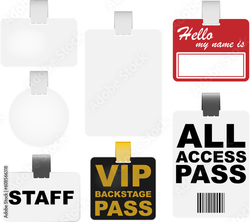 Collection of Badges - Blank, VIP Backstage Pass and Name Tag