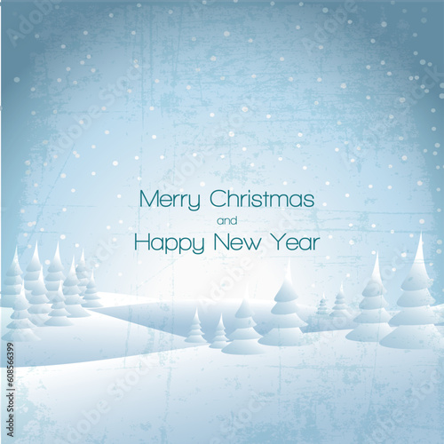 Winter card with snowy landscape and white snowflakes
