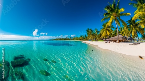 Fototapeta Naklejka Na Ścianę i Meble -  A stunning panorama of a pristine tropical paradise beach: pure white sands meeting crystal clear, shimmering turquoise water, dotted with vibrant, lush palm trees providing pockets of shade