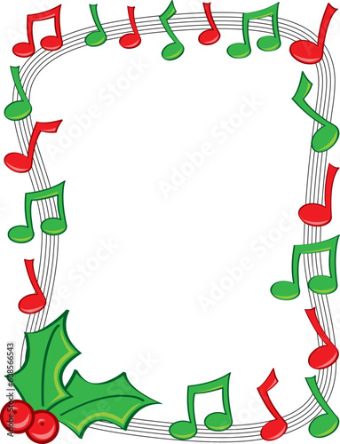A border made of red and green musical notes with holly in the corner.