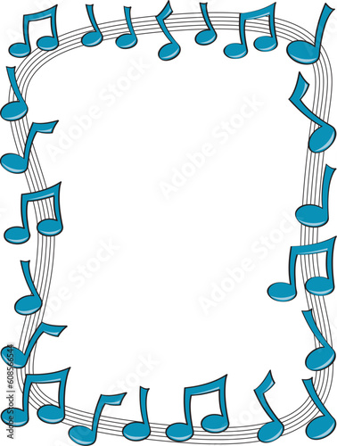 A border made up of blue music notes dancing on top of a curving staff.