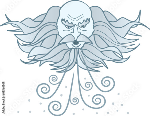 A cartoon image of a cloud-like old man winter blowing cold wind and snow.