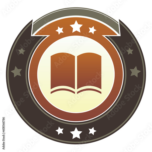 Book, literacy, or literary icon on round red and brown imperial vector button with star accents suitable for use on website, in print and promotional materials, and for advertising.