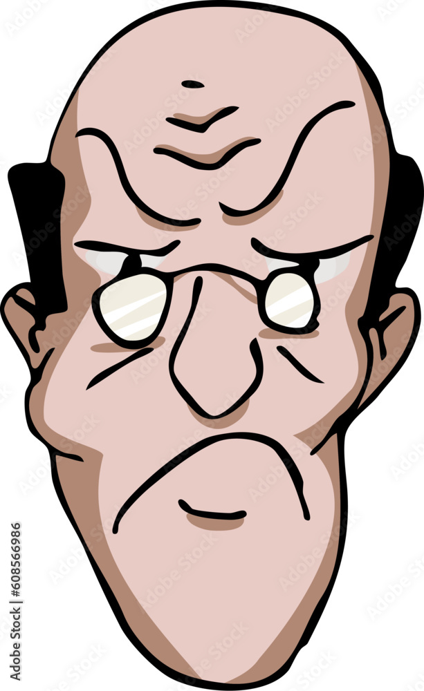 Middle-aged bald frowning man with glasses over white Middle-aged bald frowning man with glasses over white