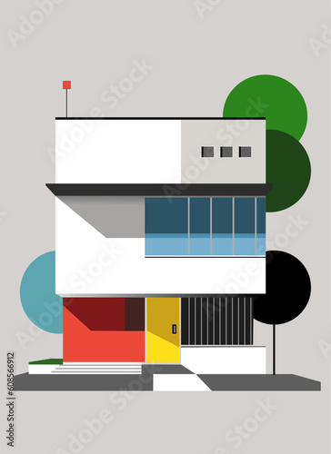 Casa estilo bauhaus con formas geométricas y colores llamativos, casa aislada de formas cuadradas con fondo gris,Vector conjunto de cubiertas geométricas retro bauhaus. Uso para pared.