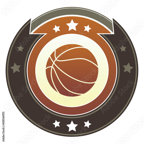 Basketball icon on round red and brown imperial vector button with star accents