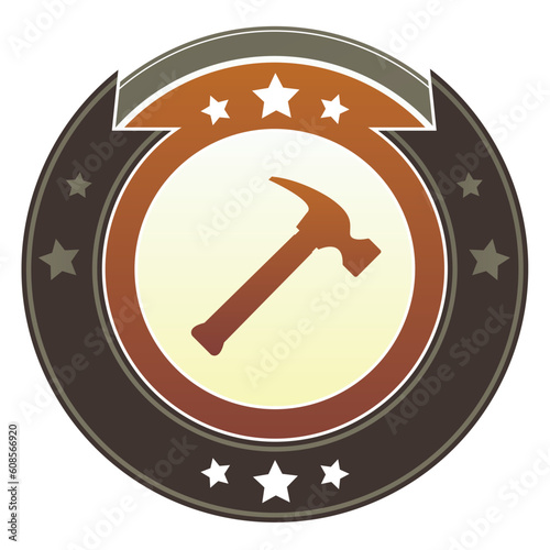 Hammer, repair, or fix icon on round red and brown imperial vector button with star accents