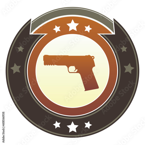 Gun, crime, or violence icon on round red and brown imperial vector button with star accents