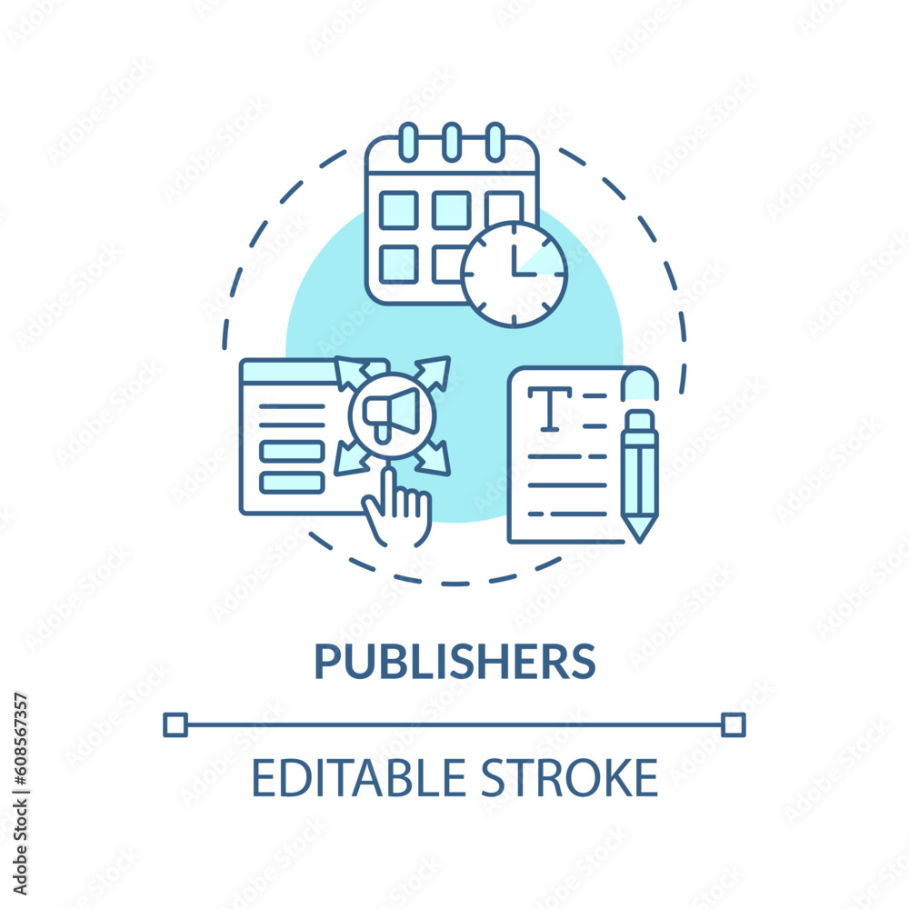 Publishers turquoise concept icon. News website. Online magazine. Social media. Marketing plan. Publish online abstract idea thin line illustration. Isolated outline drawing. Editable stroke