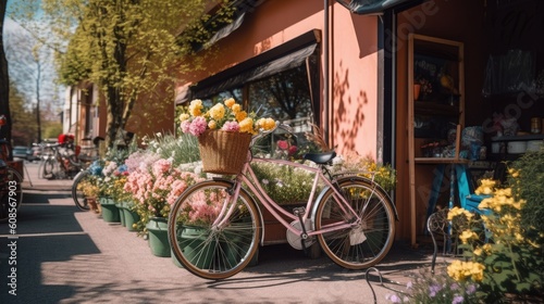 A street scene of a colorful bicycle parked in front of a flower shop - Generative AI