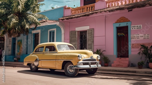 A street scene of a colorful vintage car parked in front of a Cuban house - Generative AI © DD