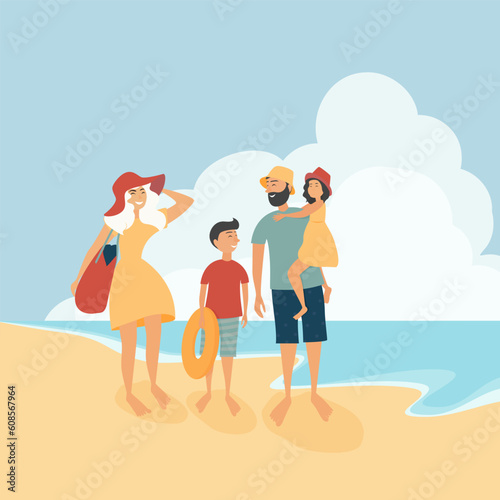 A family is walking on the beach on a sunny summer day against the background of the sea
