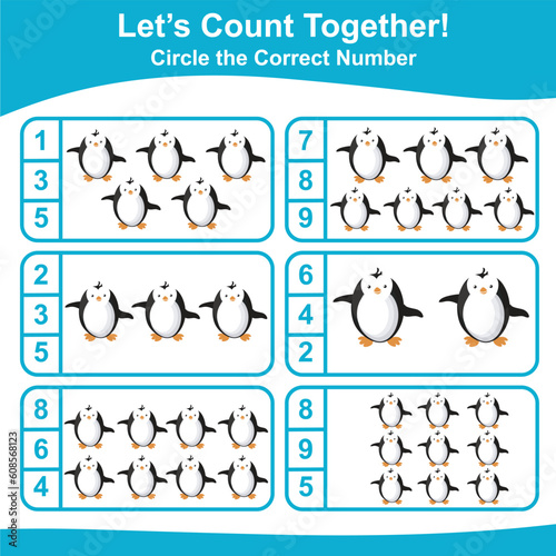 Let’s counting the penguins together and circle the correct number on the page. Educational printable math worksheet. Math game for children with cute sea animals character. Vector illustration file.