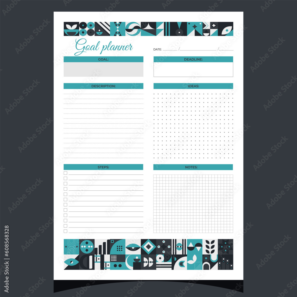 Naklejka premium Goal planner geometric. Goal planner printable template with geometric shapes. Blank white notebook page A4. Vector illustration.