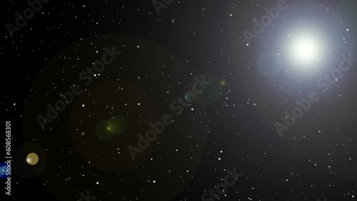 Beautiful light star shimmering particles glow light with light lens flare on black sky background. Dynamic get up in wind sunlight flare. Abstract galaxy digital intro