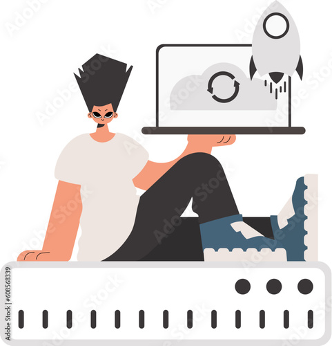 The individual is holding a tablet, which is synchronized with the data capacity. Isolated. Trendy style, Vector Illustration
