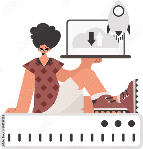 The person is holding a tablet, which is synchronized with the information capacity. Separated. Trendy style, Vector Illustration