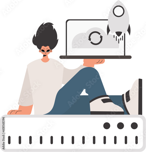 The individual is holding a tablet, which is synchronized with the data capacity. Isolated. Trendy style, Vector Illustration