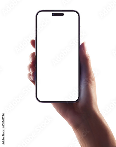 Hand holding Smartphone iPhone 15 pro as png photo and isolated on white background for your mobile phone app or web site design, logo Global Business technology	