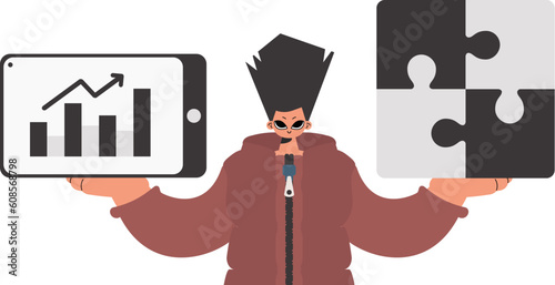 The individual is holding a trance and a positivegrade chart. Thought bunch work. Obliged. Trendy style, Vector Illustration