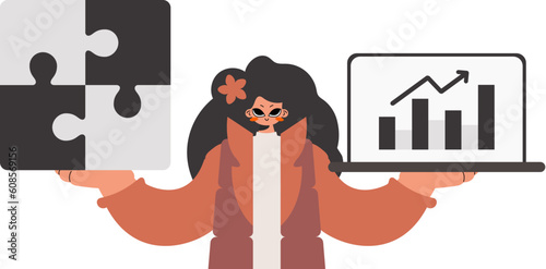 The well-off woman is holding a overpower and a positive advancement chart. Thought collect work. Kept. Trendy style, Vector Illustration