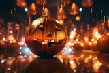 Halloween Mirror Ball In Disco - Pumpkins Face On Sphere. Generative AI