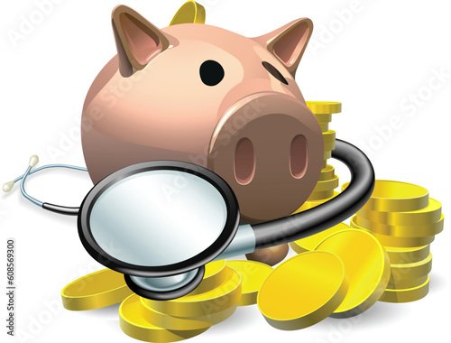 Financial health check concept. A piggy bank with coins and stethoscope wrapped round it.