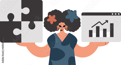 The well-off lady is holding a overwhelm and a positive progression chart. Thought collect work. Kept. Trendy style, Vector Illustration