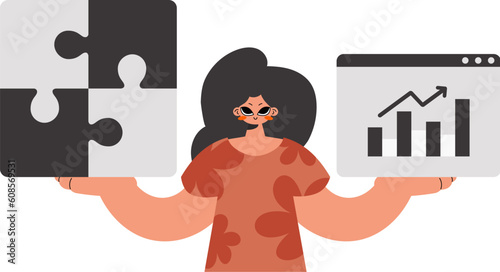 The well-off woman is holding a overpower and a positive improvement chart. Thought collect work. Kept. Trendy style, Vector Illustration