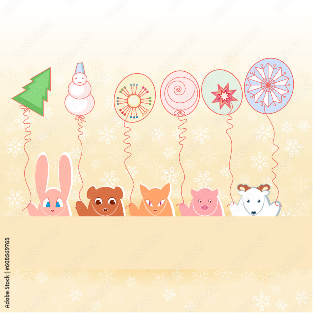 Animals with New Year\'s balloons.  Illustration on pastel background
