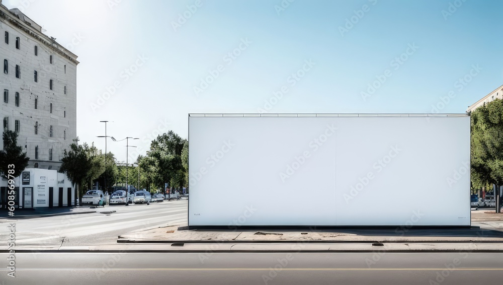 Blank white panoramic banner or billboard for advertisement mounted on city street on sunny day. Generative AI Blank white panoramic banner or billboard for advertisement mounted on city street on sunny day. Generative AI