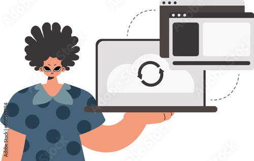 The individual is holding a tablet in which data is being synchronized. Limited. Trendy style, Vector Illustration