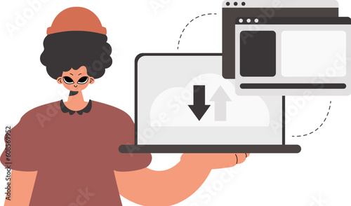 The person is holding a tablet in which information is being synchronized. Constrained. Trendy style, Vector Illustration