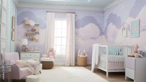 Baby s room of shades of lavender  create dreamy and otherworldly atmosphere. Generative AI