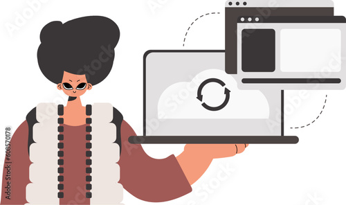 The individual is holding a tablet in which data is being synchronized. Compelled. Trendy style, Vector Illustration