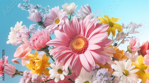 Festive spring flowers on blue background. Top view. Copy space. Birthday  Mother s  Valentines  Women s  Wedding Day concept. Generative AI