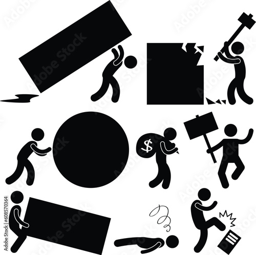 A set of pictogram showing situations of frustration situation in workplace.