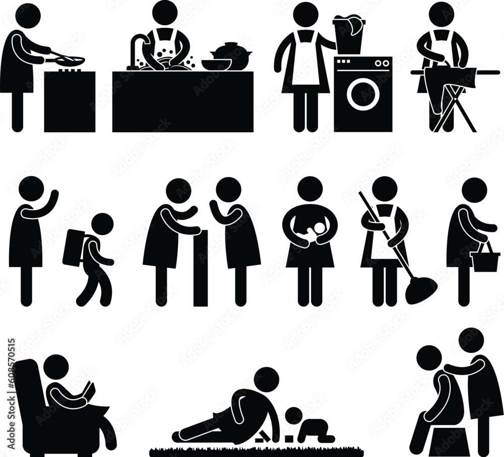 A set of pictogram about a woman daily activity.