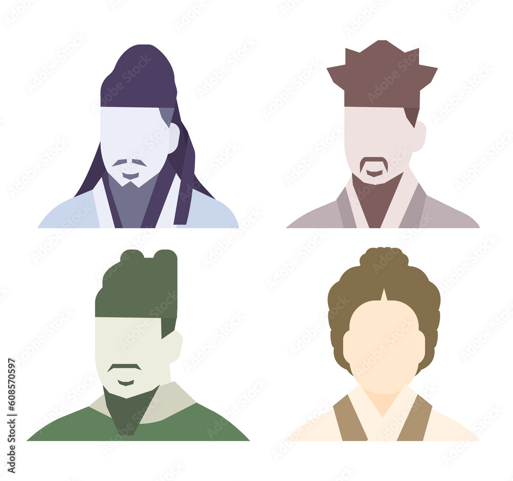 A collection of upper body icons of great people drawn on Korean banknotes. Korean historical figures silhouette illustration. King Sejong, Yulgok Yi Yi, Toegye Yi Hwang, and Shin Saimdang. A collection of upper body icons of great people drawn on Korean banknotes. Korean historical figures silhouette illustration. King Sejong, Yulgok Yi Yi, Toegye Yi Hwang, and Shin Saimdang.